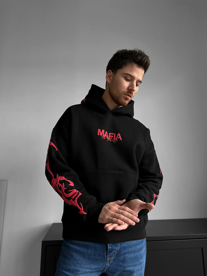 Oversize Mafia Tribal Hoodie - Czarny i Czerwony