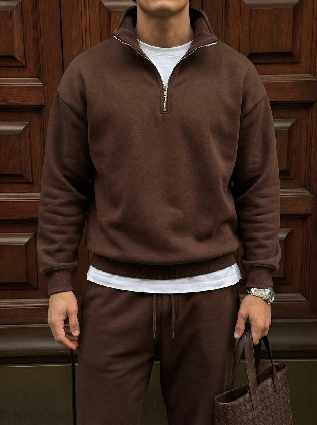 Oversize Polo Bluza z Kapturem - Czekoladowy Brąz