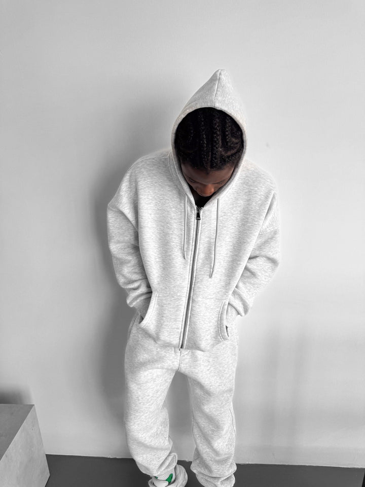 Oversize Basic Zipper Hoodie - Jasnoszary Melanż