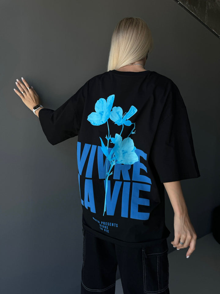 T-shirt Oversize Vivre la Vie - Czarny i Niebieski