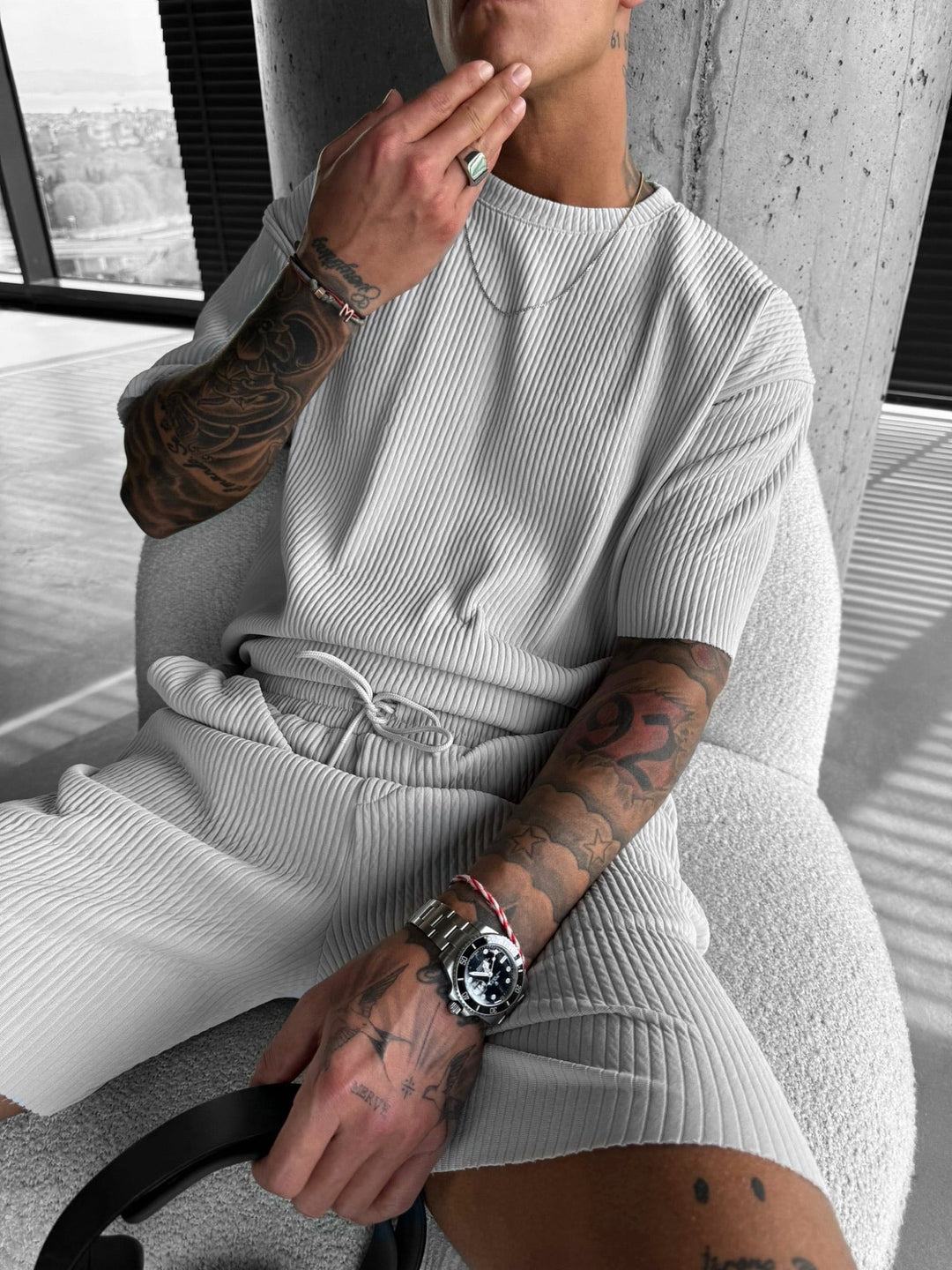 Oversize Ribbed T-Shirt - Szary