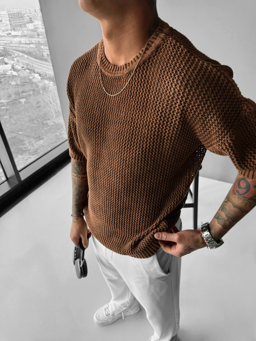 T-shirt Regular Fit z dzianiny w kratkę - Okrągły