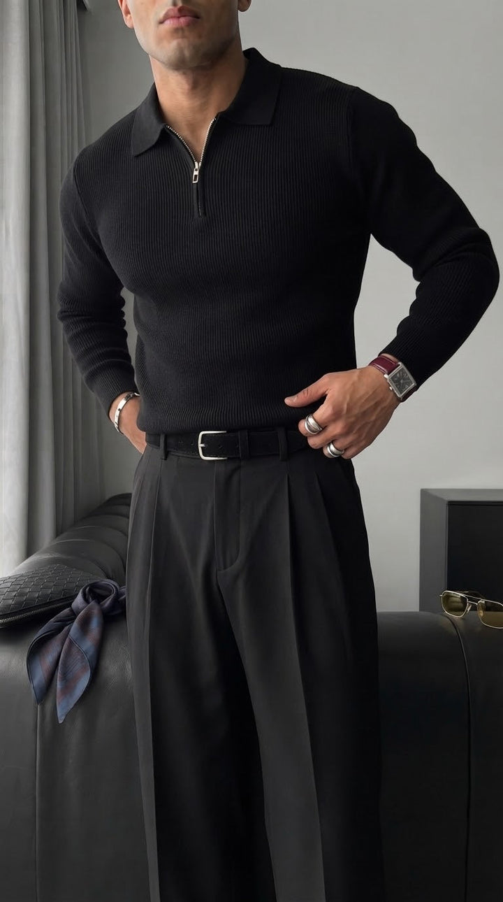 Luźny Sweter Polo - Czarny