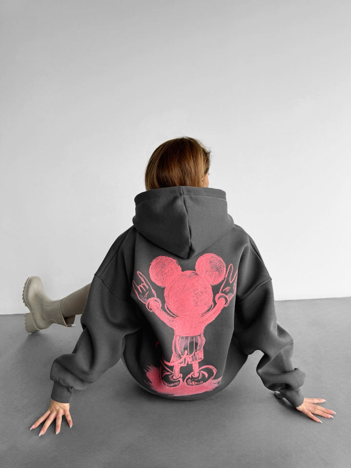 Oversize Hoodie z Myszką - Antracytowy i Różowy