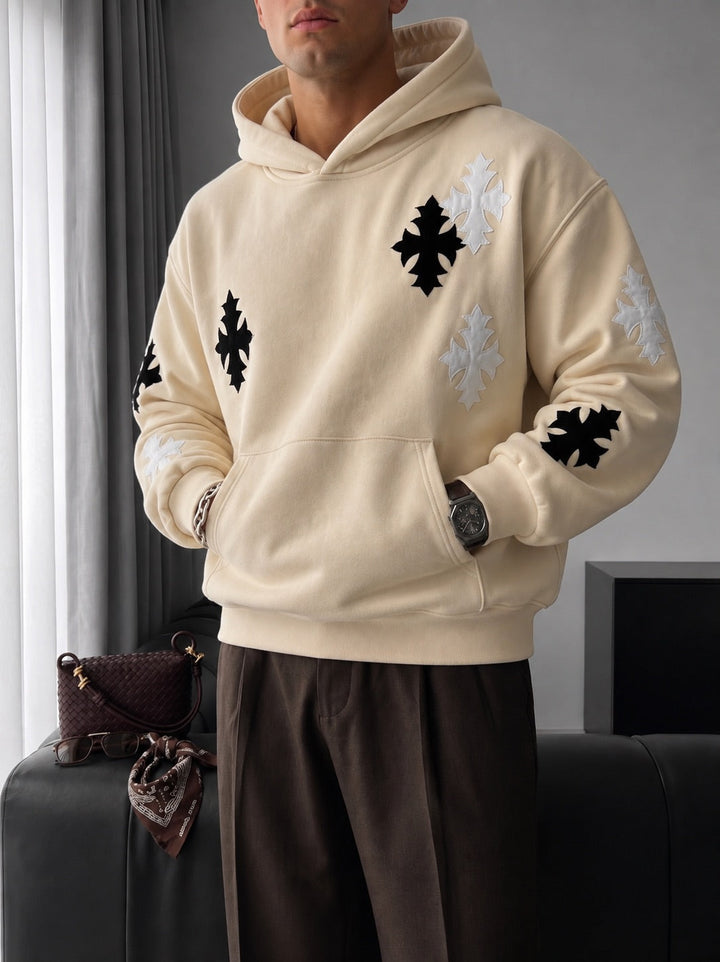 Hoodie Oversize z Gothic Krzyżem - Beżowy