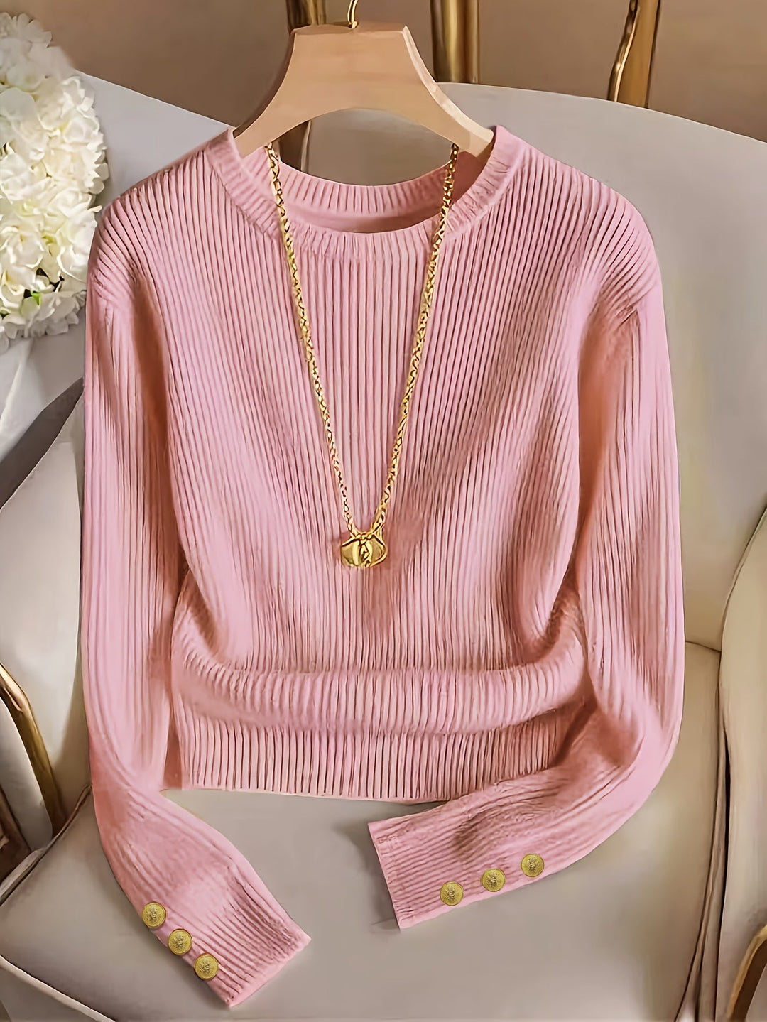 Prążkowany Button-Cuff sweter