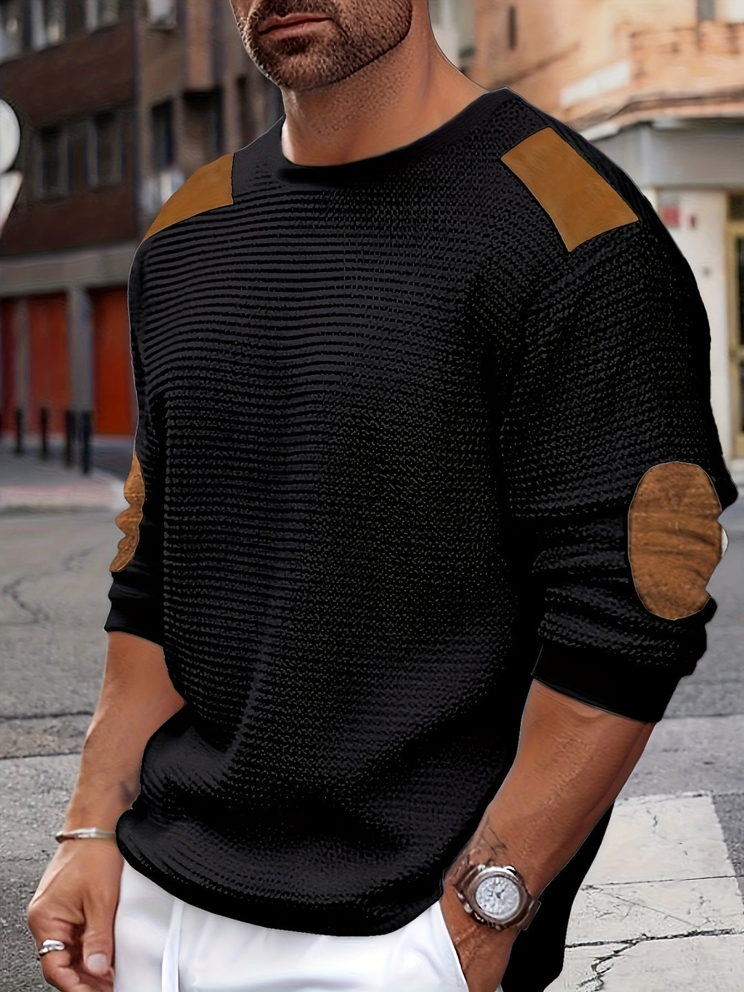 Fakturowany Elbow-Patch sweter