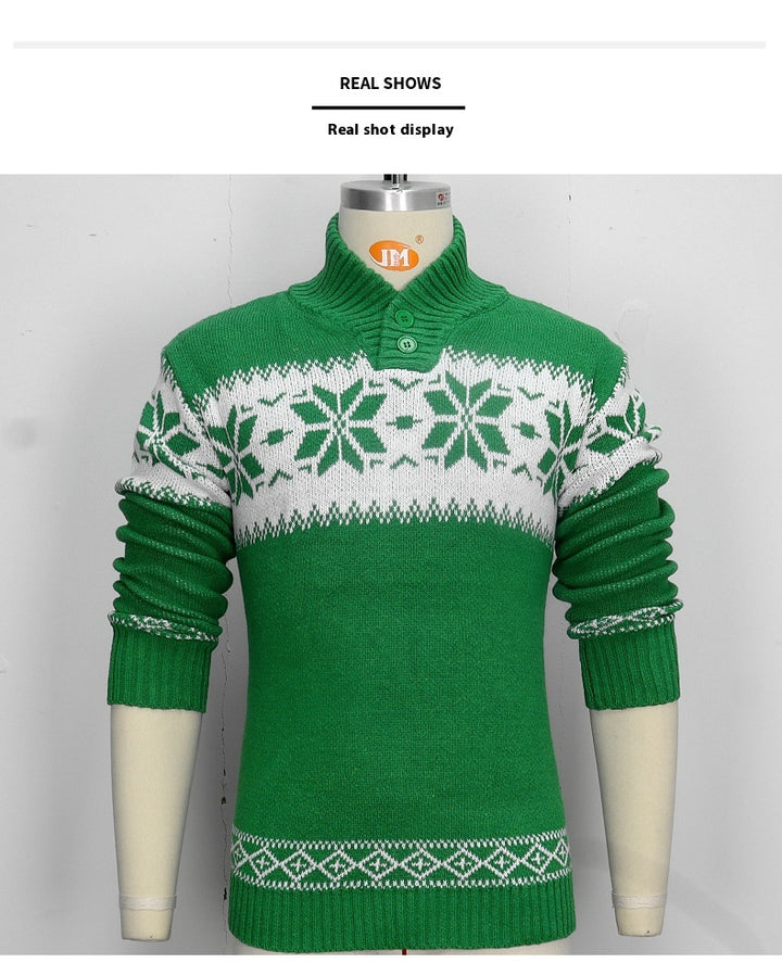 Męski świąteczny sweter w śnieżynki z kołnierzem