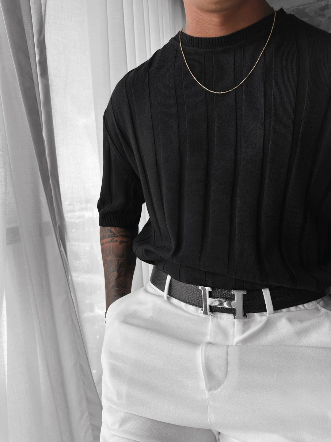 T-shirt Regular Fit Knit Lines - Czarny