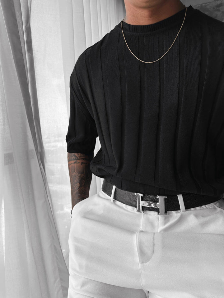 T-shirt Regular Fit Knit Lines - Czarny