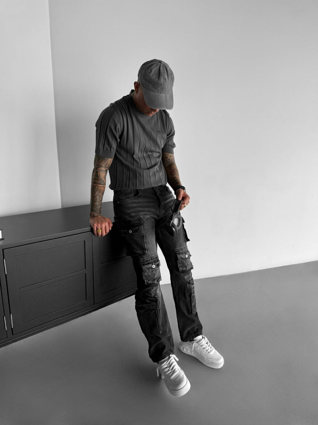 T-shirt Regular Fit z dzianiny - Antracyt