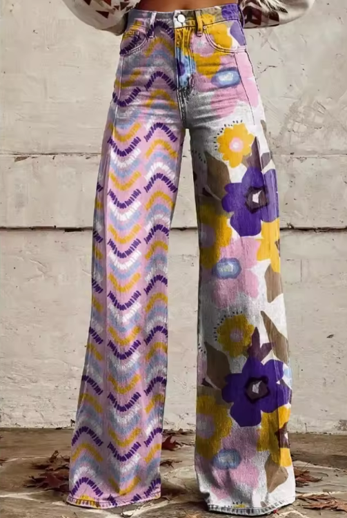 Stylowy Multicolor boho Flower spodnie