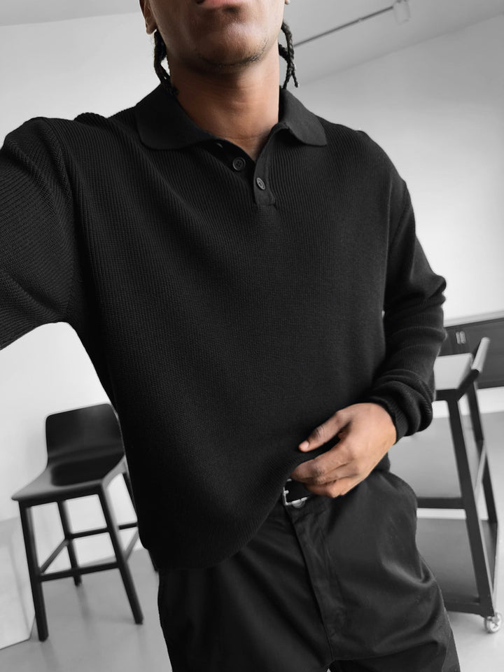 Luźny Sweter Polo z Dzianiny - Czarny