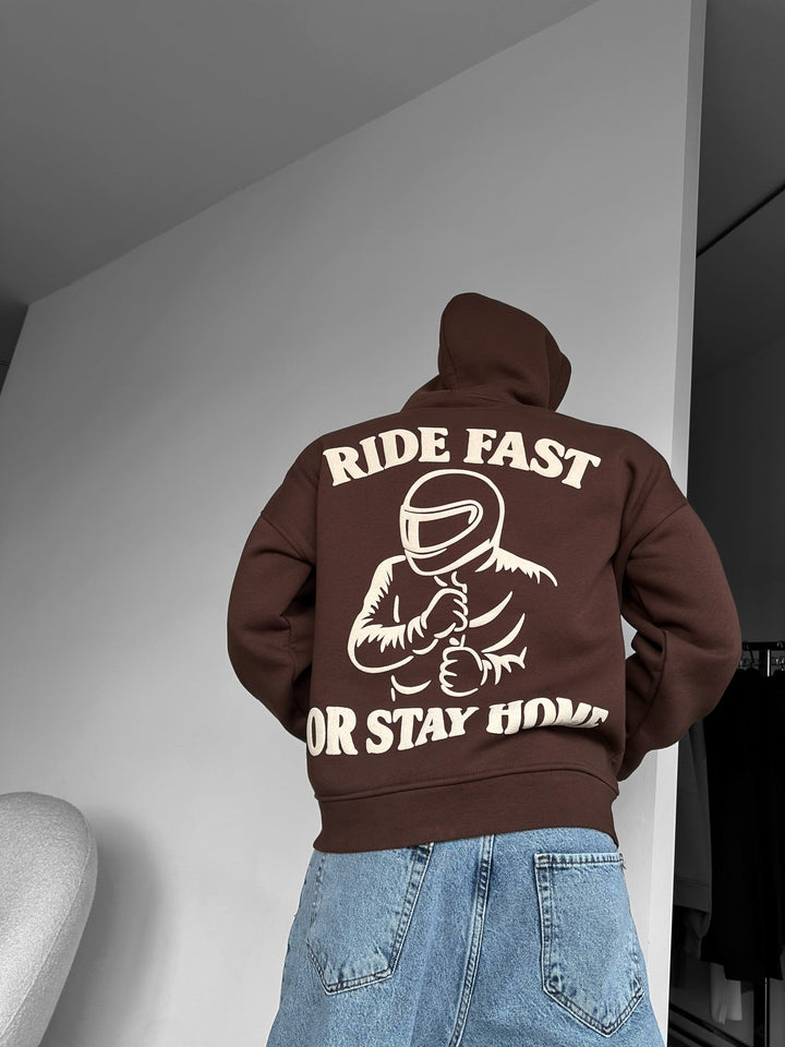 Oversize Ride Fast Hoodie - Brązowy