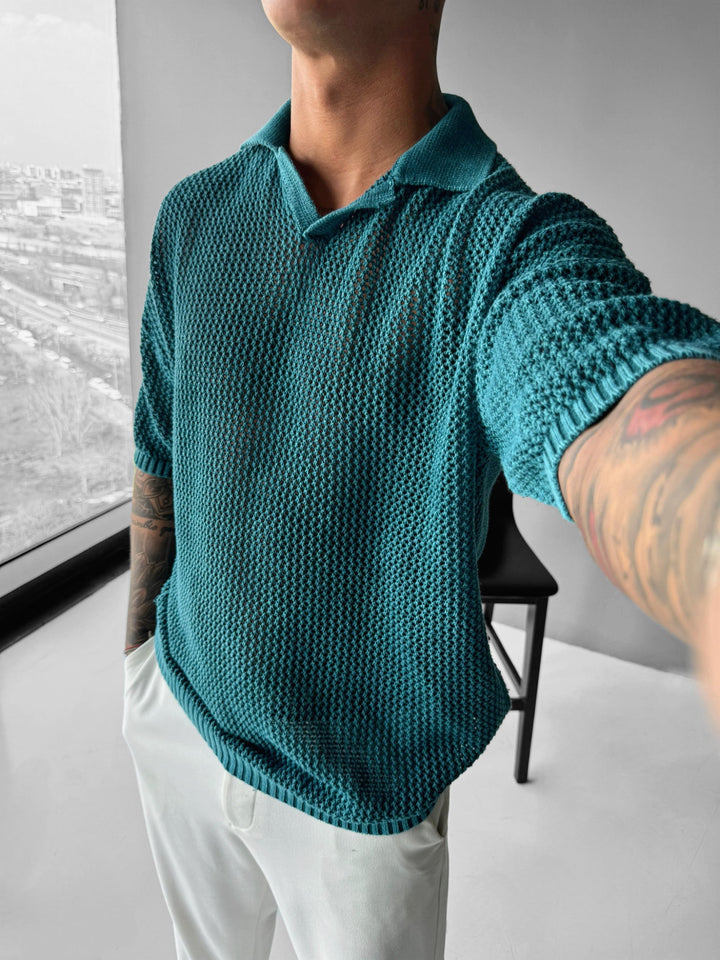 T-shirt Regular Fit z dzianiny w kolorze Głębokiej Laguny