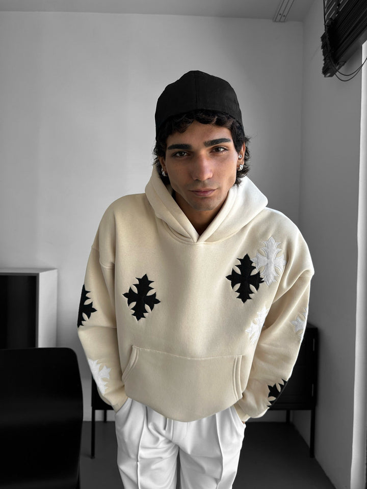 Hoodie Oversize z Gothic Krzyżem - Beżowy