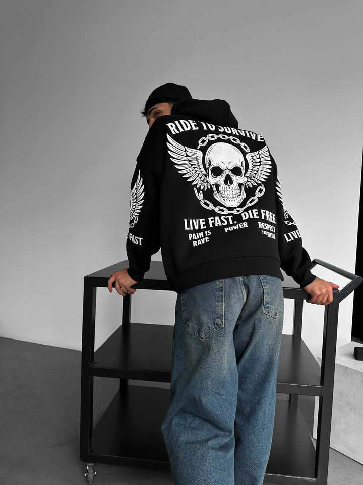 Oversize Hoodie "Ride to Survive" - Czarny