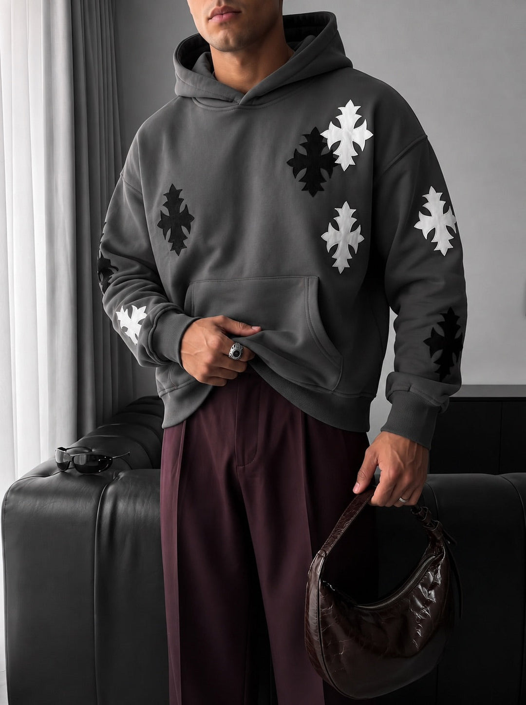 Oversize Gothic Cross Hoodie - Antracyt