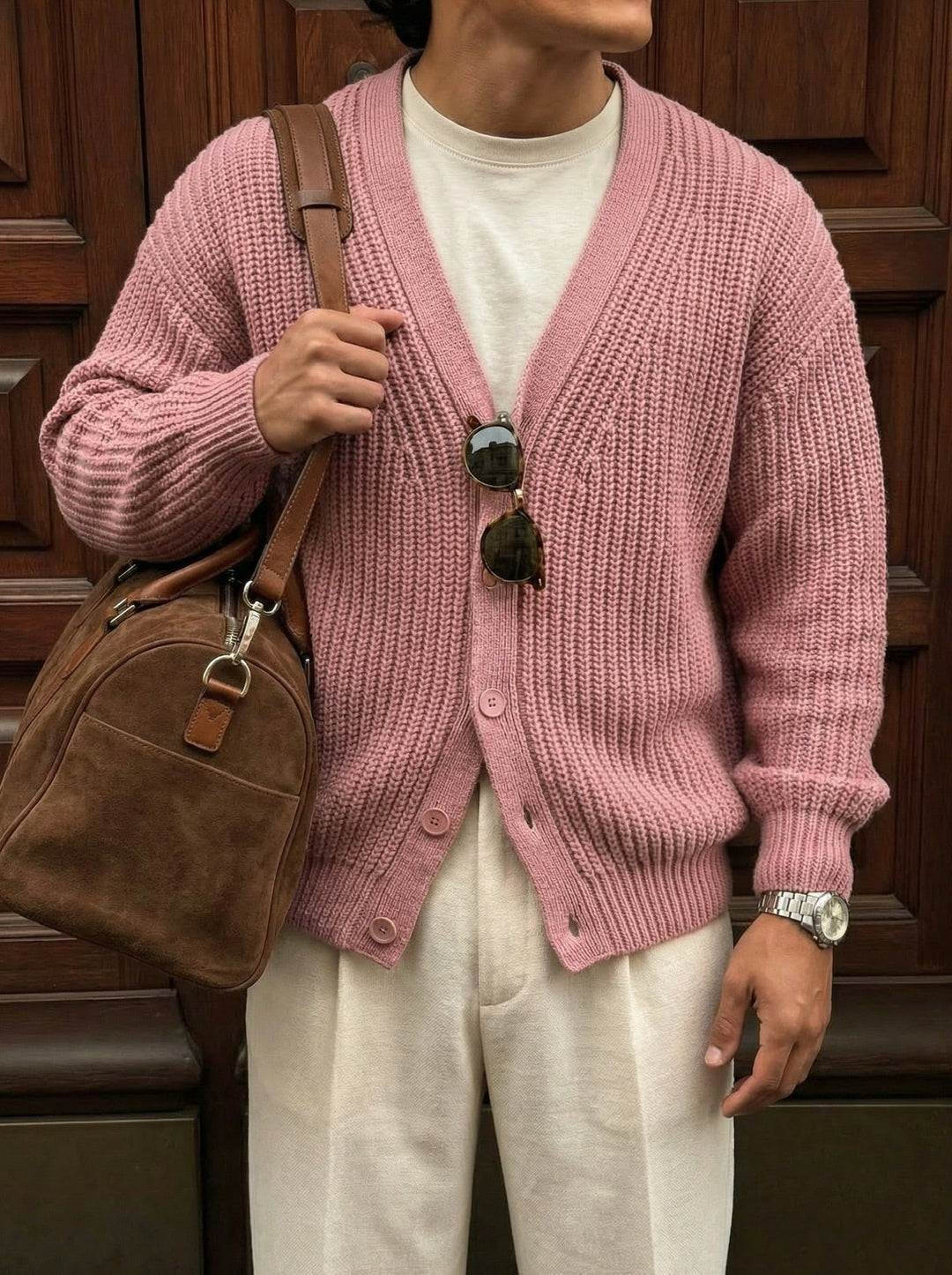 Oversize Crop Cardigan - Pudrowy