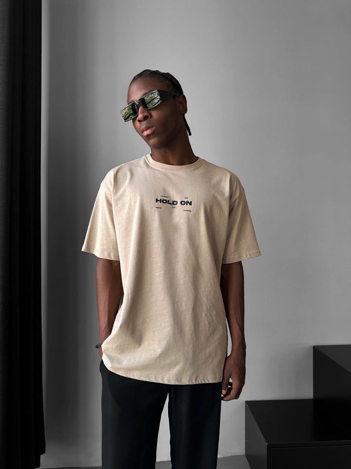 Oversize "Hold On" T-Shirt - Beżowy
