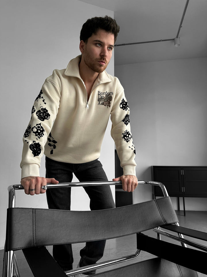 Oversize Half-Zip Graphic Sweatshirt - Beżowy