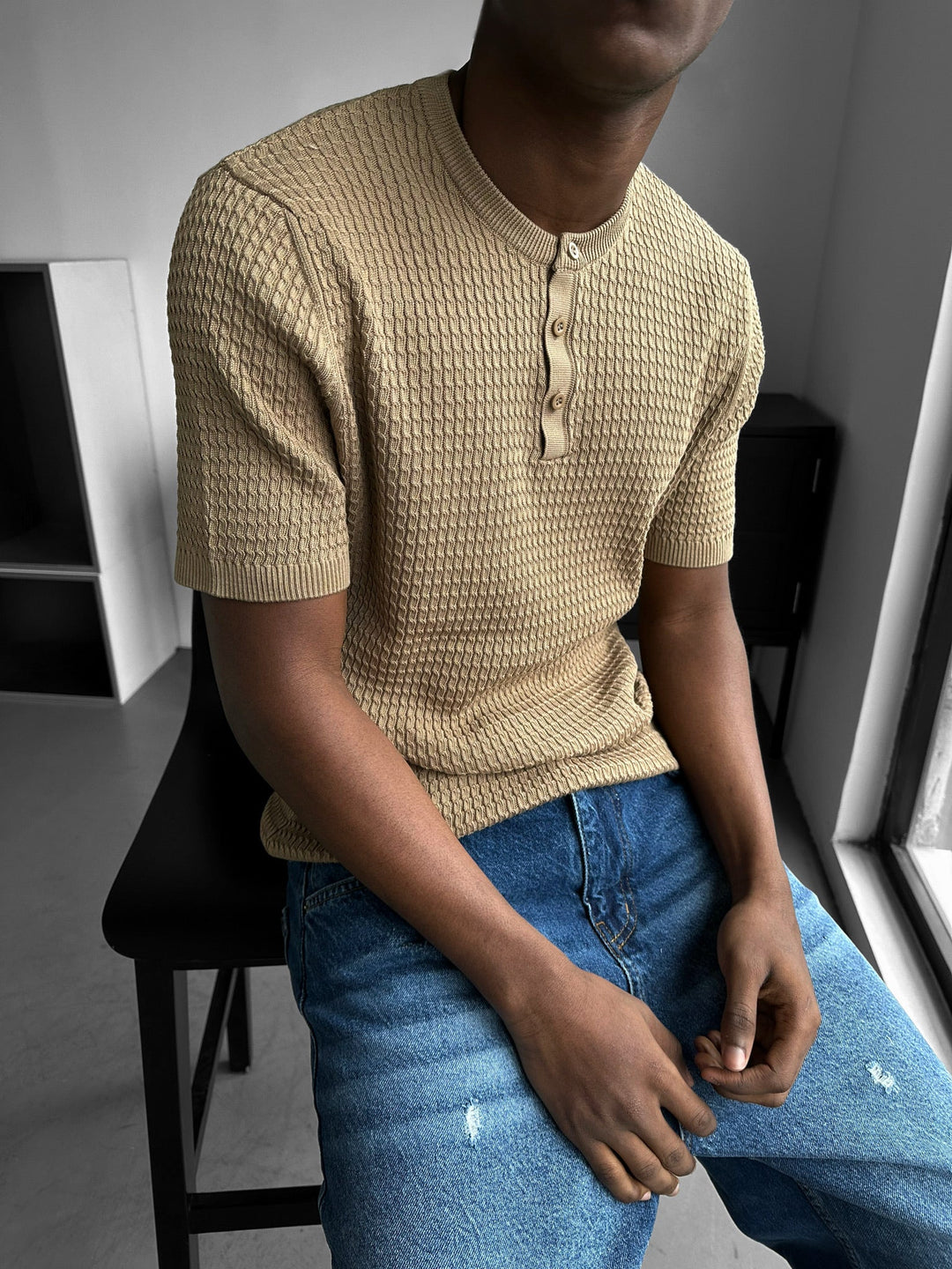 Regular Fit Waffle Button T-shirt - Kamel