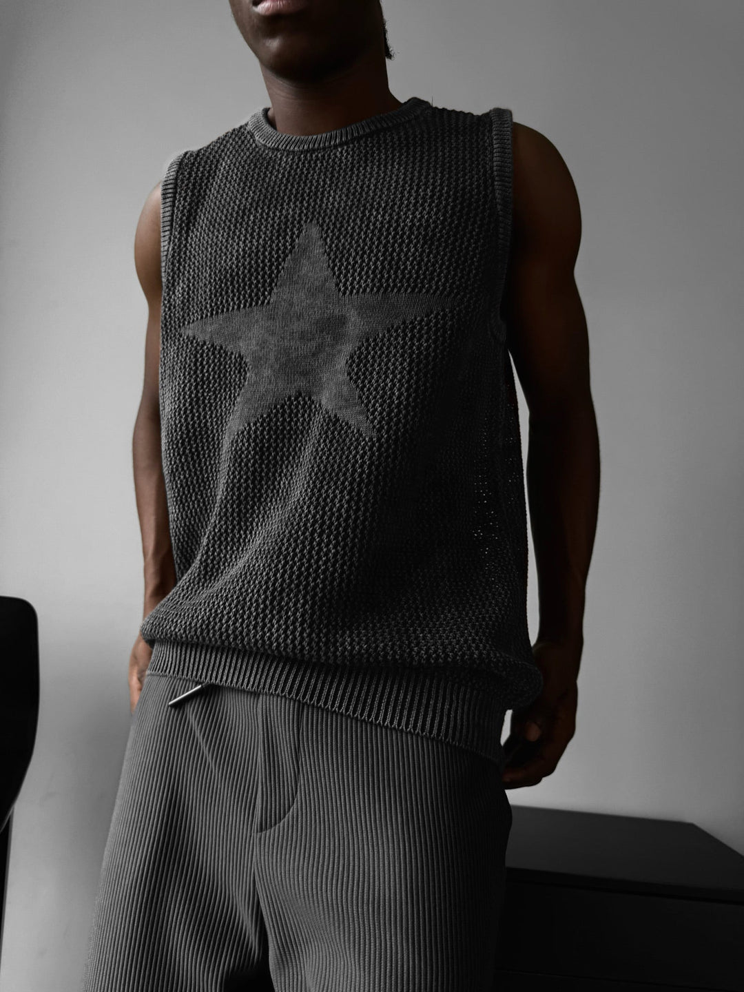 Oversize Pranie Dzianinowy Top z Gwiazdą - Czarny