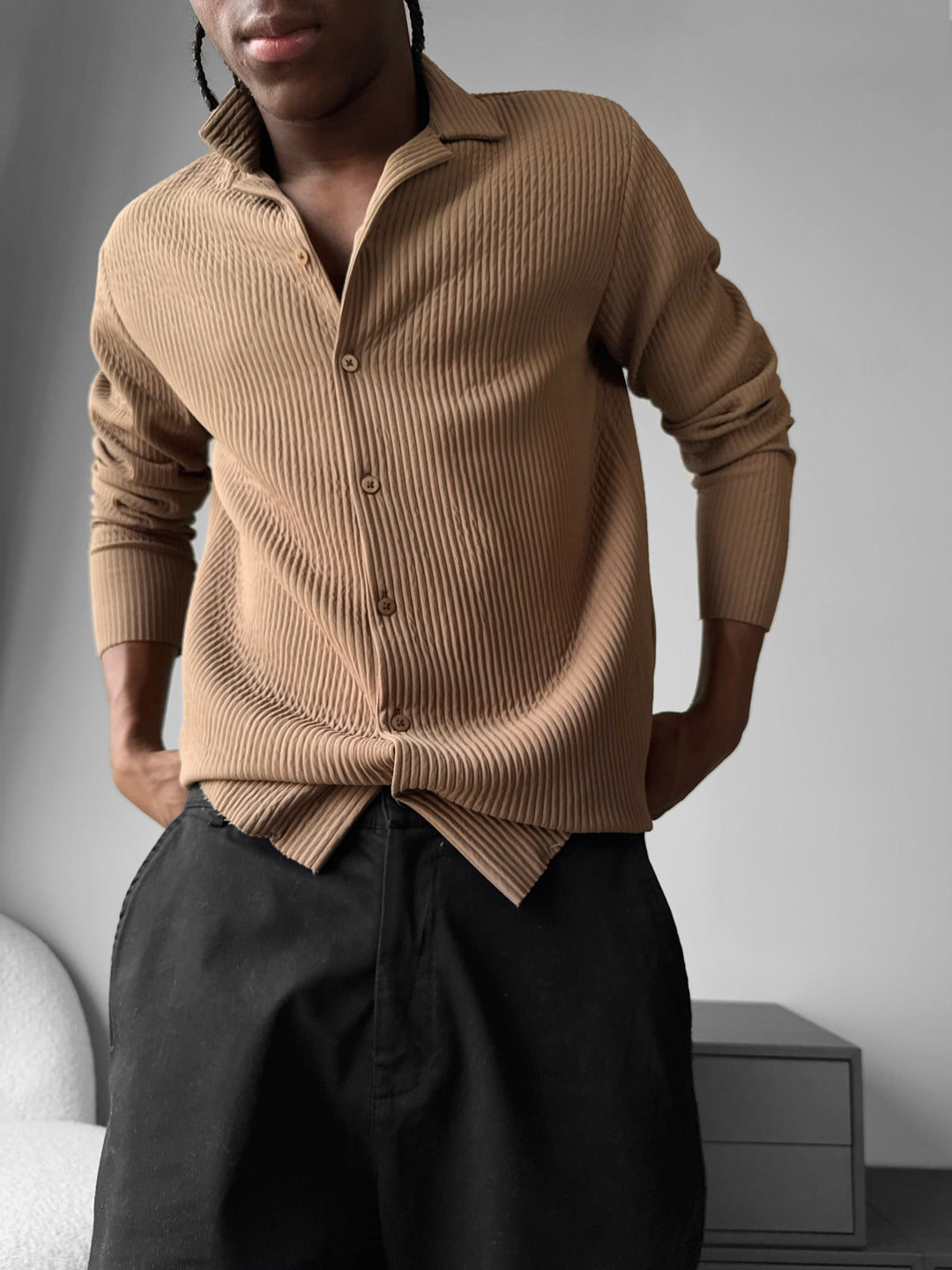 Oversize Ribbed Long Arm Shirt - Brązowy