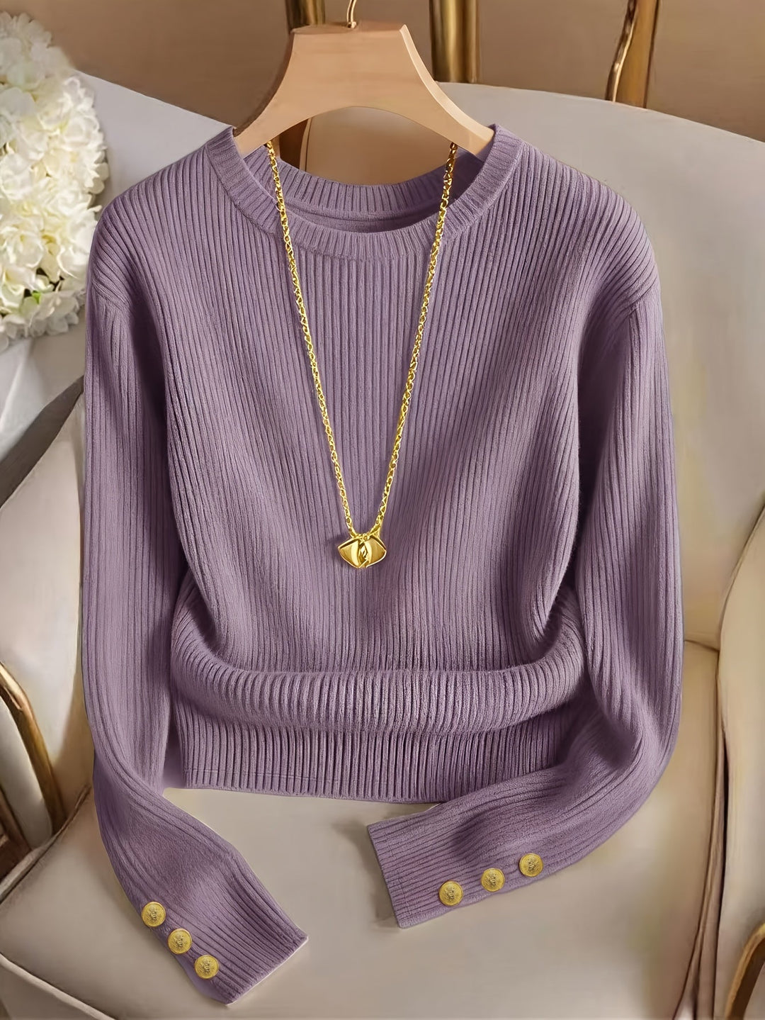 Prążkowany Button-Cuff sweter
