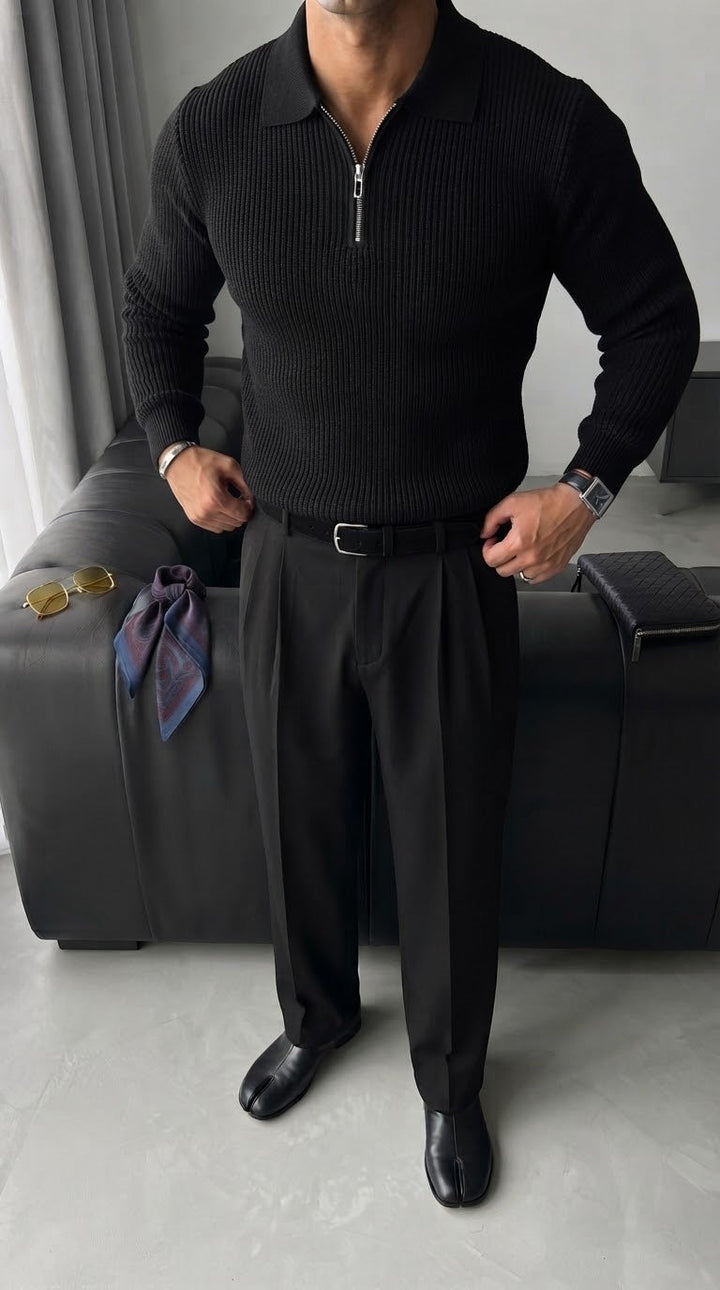 Luźny Sweter Polo - Czarny