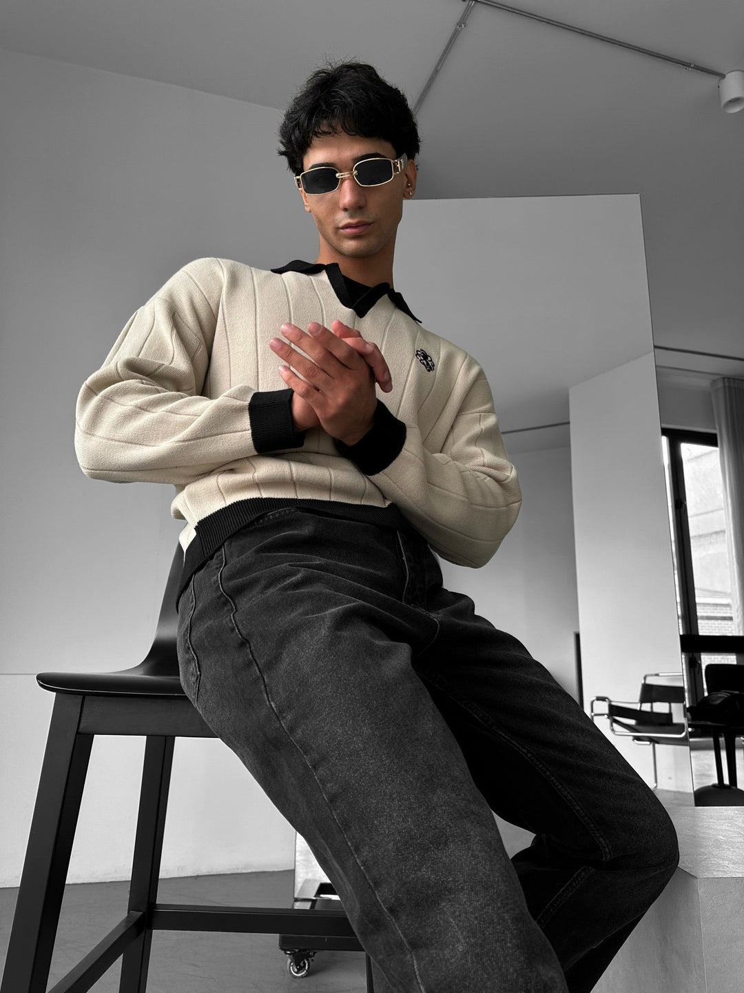 Oversized Haftowany Sweter Polo - Kamień