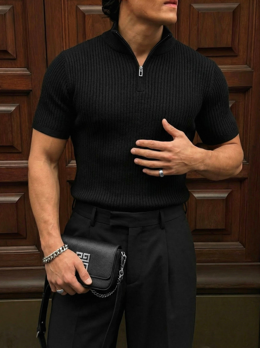 Slim Fit Mock Neck Zip T-shirt - Czarny
