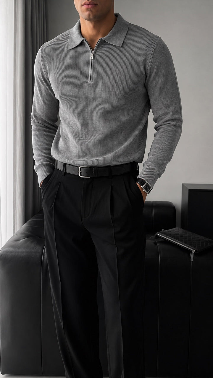 Sweter Polo Loose Fit - Szary
