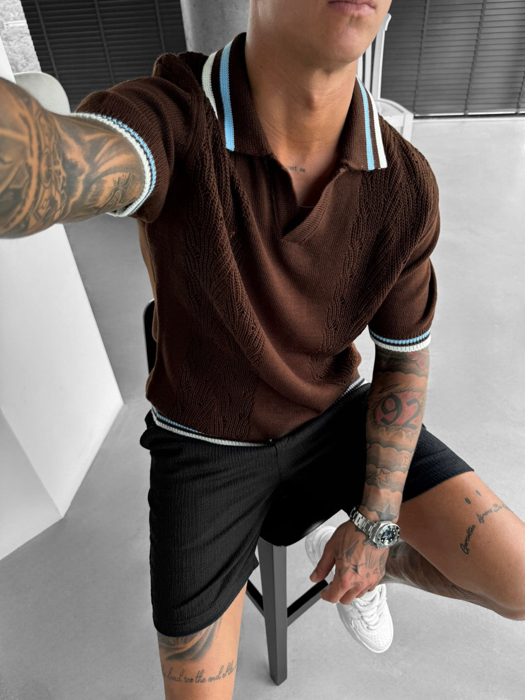 Slim Fit Detail Knit Polo T-Shirt - Brązowy