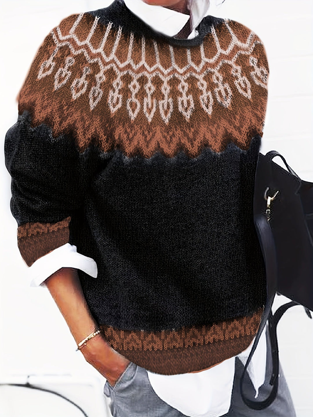 Chunky Jacquard Round szyja sweter