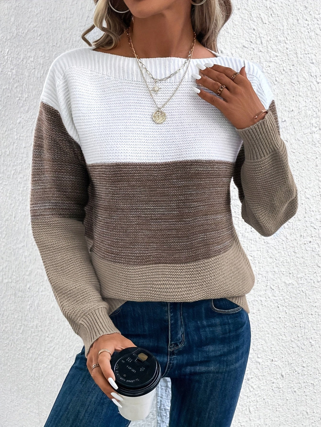 Blok kolorów Drop-Shoulder sweter