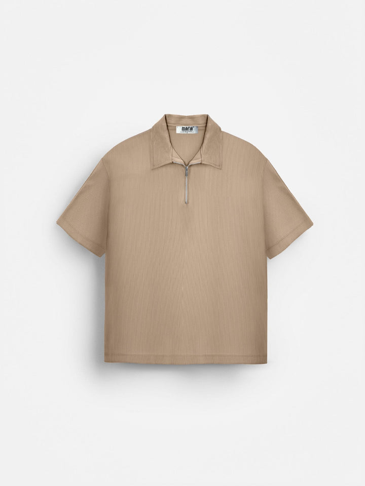 Oversize Teksturowana Koszulka Polo z Zipperem - Beżowa