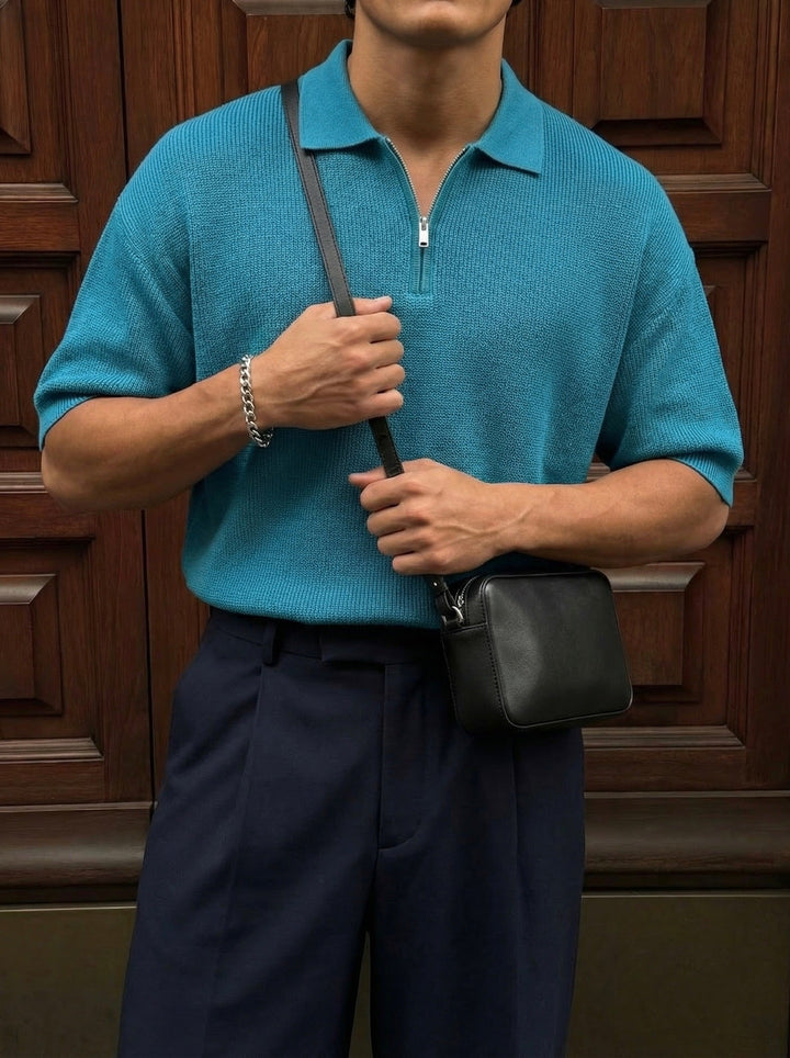 Oversize Zipper Knit Polo T-shirt - Niebieski