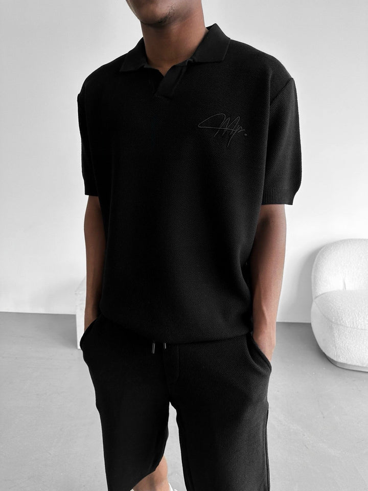 Oversize Initial Knit Polo T-Shirt - Czarny