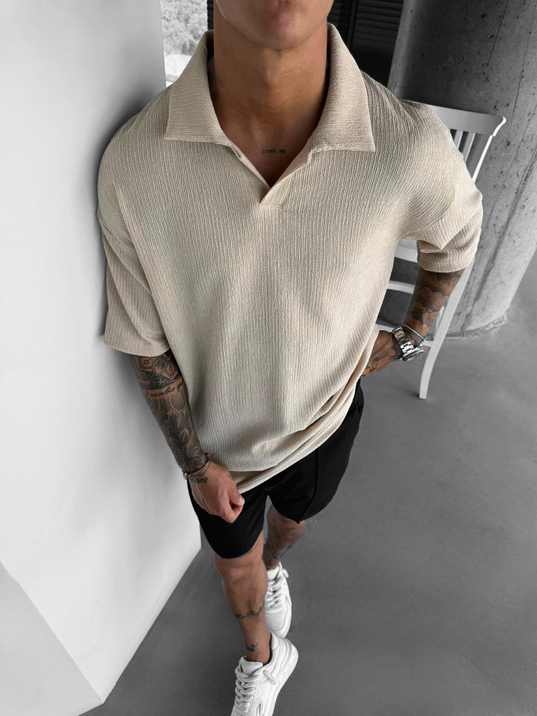 Oversize Crepe Polo T-Shirt - Beżowy