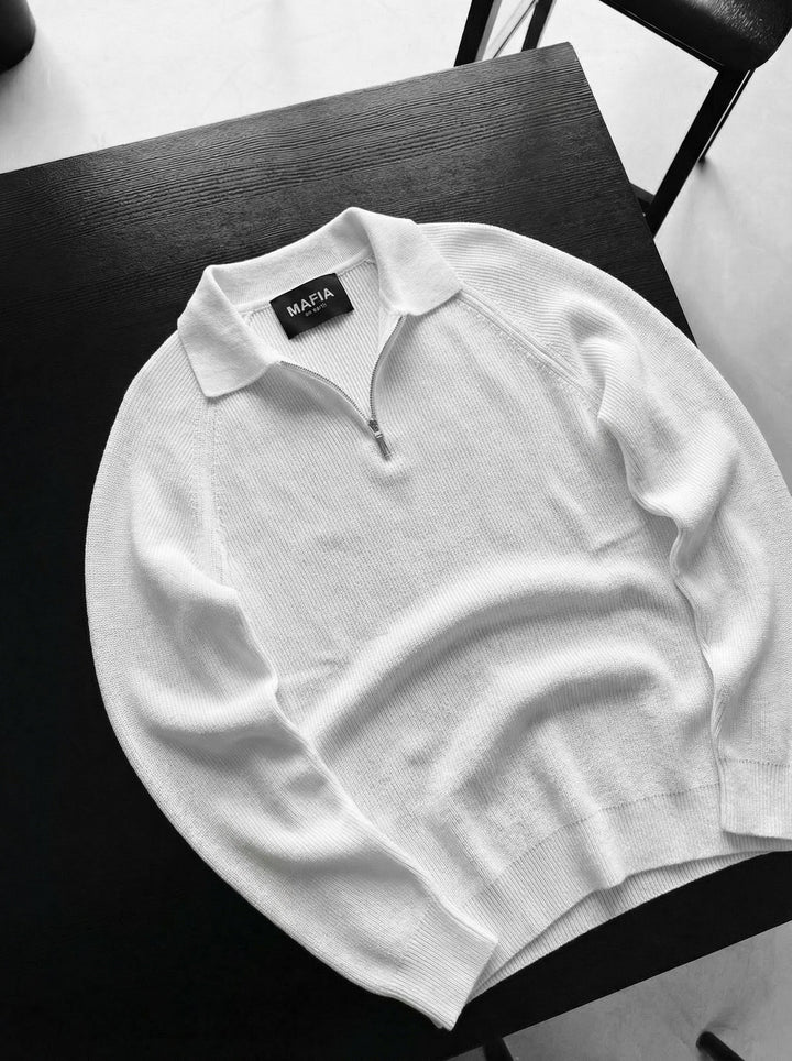 Sweter polo z zamkiem w kolorze ecru - Slim Fit