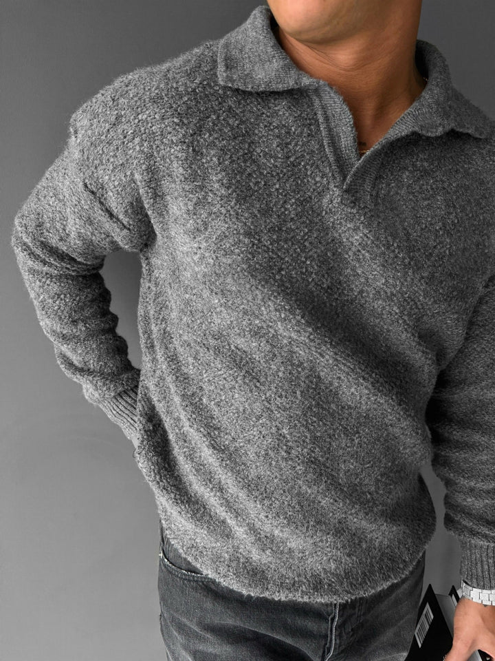 Sweter z dzianinowym kołnierzem - Antracyt