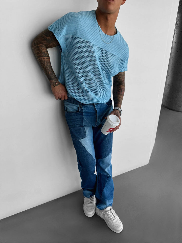 T-shirt Oversize z Teksturowanej Dzianiny - Babyblue