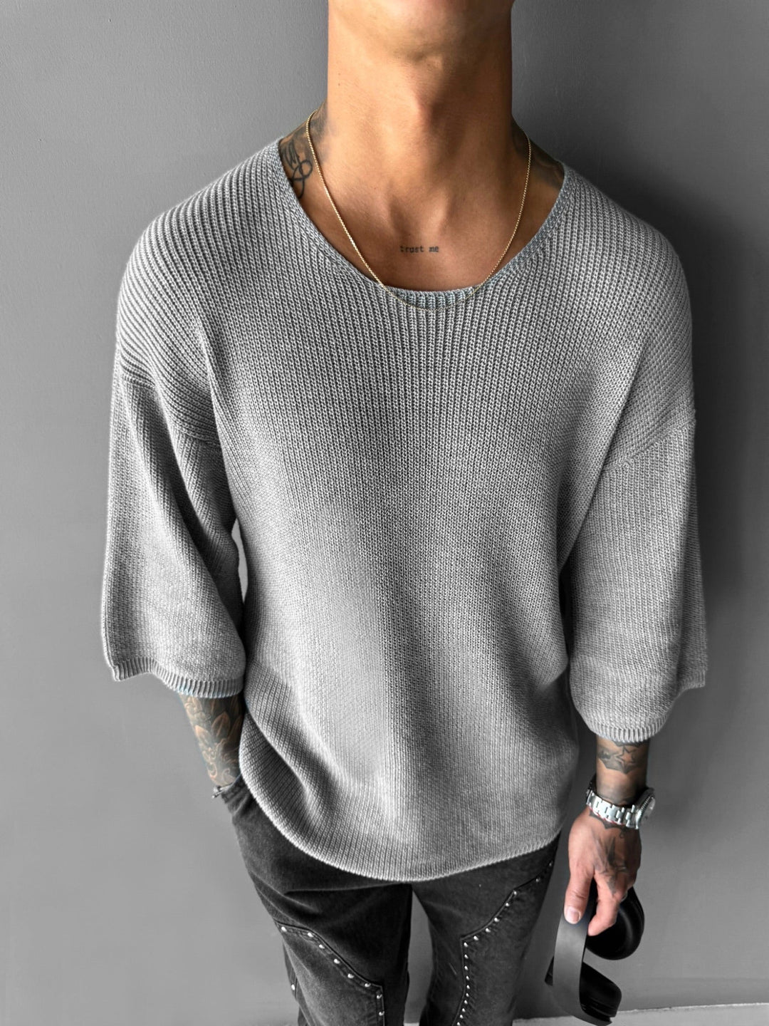 Oversize Długi T-Shirt Dzianinowy - Szary