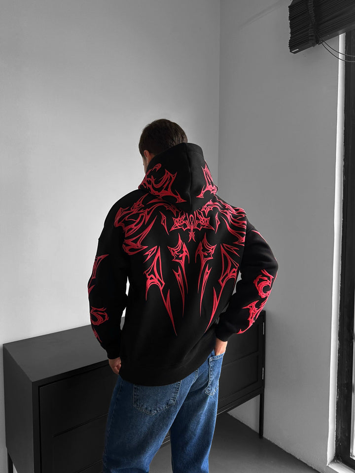 Oversize Mafia Tribal Hoodie - Czarny i Czerwony