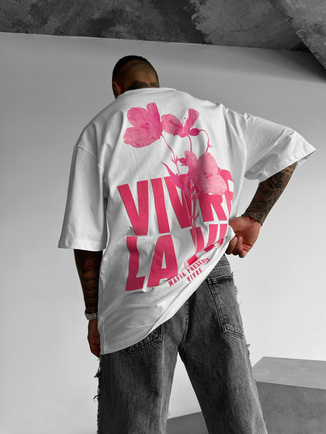 Oversize T-shirt Vivre la Vie - Ecru i Pudrowy
