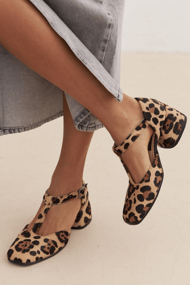 Stylowy Leopard T-Strap Block szpilki