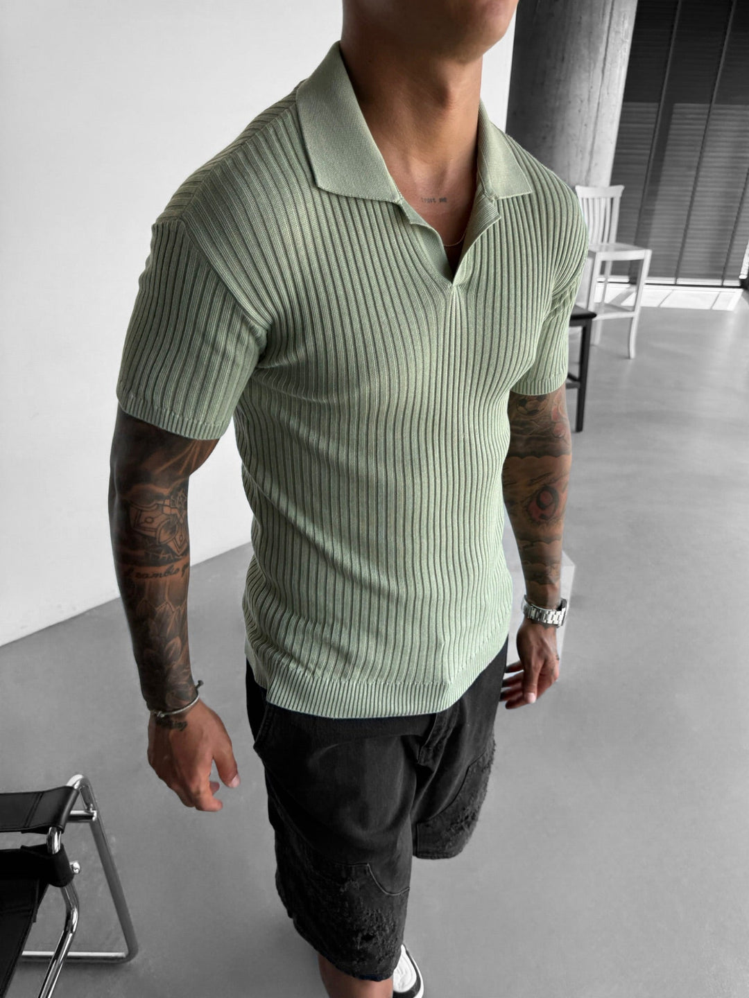 Slim Fit Knit Polo T-Shirt - Miętowy