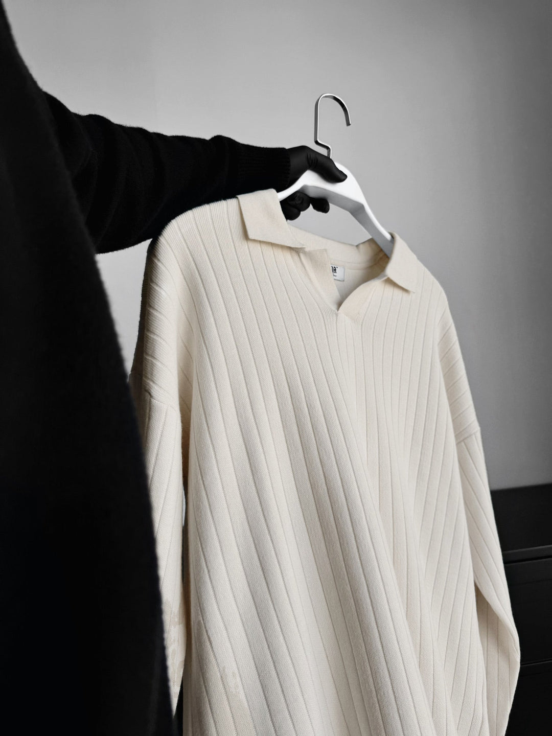 Oversize Szeroki Żebrowany Długi Rękaw Sweter Polo - Ecru