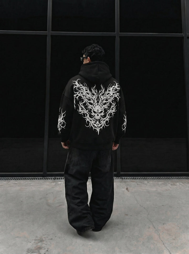 Oversize Tribal Skull Hoodie - Czarny